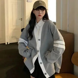 Varsity Cardigan Sweater for Women Long Sleeve V-Neck Button-up Knit Slouchy Cardi Korean School-girl Preppy Fall Winter Outfit