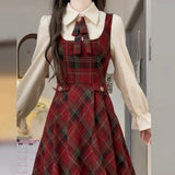 Pbong  Single Piece School Style Japanese Plaid Strap Dress Women Student Waist Cinching Slimming Midi Length Overalls Skirt Set