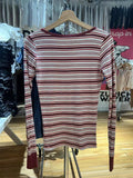 Red Striped Six Buttons Long Sleeve T-shirts Women Spring O-neck Cotton Slim Tee Shirt New Preppy Sytle Sweet Tshirt Y2k Tops