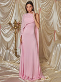 Pink Cape Sleeve Sexy Maxi Dress For Women Off-shoulder Backless Gown Elegant Skew Collar Lace-up Long Dress Vestido