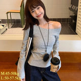 Sexy Pullovers Women Off Shoulder Cropped Knitted Basic Clothes Autumn All-match Side Slit Simple Tender Slim Gentle Seductive