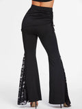 2025 Women's Gothic Black Pants Vintage Flower Lace Insert Skirted Flare Pants Retro Pants