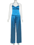 Summer New Casual Pant Sets Female Sexy Plunge Lace Up Backless Vest Top Elastic Waist Trousers Summer Women Solid Suit