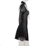 Pbong  Elegant Fashion Sexy Lace A-Line Dress See Through Dark Bandage Backless Square Collar Long Sleeve Mini Dresses For Women