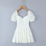 Pbong  White Lace Low Waist Short Ball Gown Dress Women With Pad Chest Bow Short Puff Sleeve Backless Mini Dresses Summer Robe