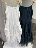 Chic Design Sensation Drawstring Mesh Lined Strap Dress Women's Fashionable Mid-Length Skirt Korean Style A-Line Dress