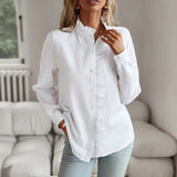 Pbong  Elegant Work Shirt Women's Ruffle Trim Button Up Long Sleeve Blouse Top Cotton Stand Collar