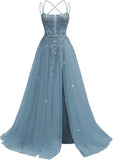 Pbong  Lace Applique Sparkly Tulle Prom Dresses for Women with Slit Spaghetti Straps Backless A Line Long Ball Gown