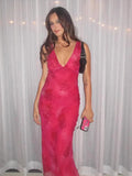 Elegant V-neck Rose Print Long Dress Women Bandage Draped Maxi Sleeveless Tank Dress Evening Party Vintage Clothing
