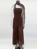 Strapless Slit Long Dress With Ribbon Female Sleeveless Mesh Elegant Beach Vacation Dress Spring New Women Dress