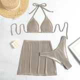 3 Pieces Ribbed Bikinis Halter Triangle Swimsuit & Skirt Swimwear Women Bathers Bathing Swimming Swim Suit Female Beachwear