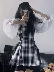 Kawaii Lolita Plaid Mini Dress Gothic E Girl Y2k Dresses Ulzzang Sweet Aesthetic Sets Sundress Fairy Grunge Cute Mall Dresses