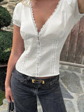 V Neck Short Sleeve T shirt For Women Lace Splice Puff Sleeve Top Slim Buttons Short T shirt Solid Sexy Hot Girl Tanks