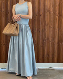 Korean Style round Neck Slim Fit Splice Pleated Maxi Dress Women's Sleeveless Dress Spring  Elegant Long Skirt