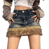 Autumn Winter Vintage Patchwork Denim Skirts Harajuku Gothic Casual Bodycon Skirt for Women Y2k High Waist Faldas Sexy Mujer