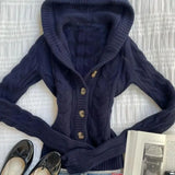 Pbong  Korean Style Hooded Knitted Cardigan Slim Fit Sweater Jacket Ultra Short Pure Color Spring Season Long Sleeve Women's Casual Set