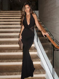 Halter Deep V Neck Sexy Maxi Dress For Women Gown Black Lace Off-shoulder Backless Sleeveless Bodycon Long Dress