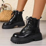 Pbong  Women's Black Platform Combat Boots Fashion Lace Up Zipper Pu Leather Short Boots Woman Thick Sole Non Slip Autumn Winter Shoes