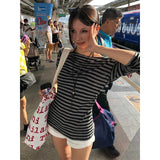 Y2k Japanese T Shirt Women Slim Striped Off Shoulder Tee Tops Streetwear Korean Style Vintage Tops Autumn 2000s Tshirts