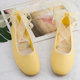 Pbong  Ribbon Bandage Ballet Flats Shoes Women Lace Up Elegant Mary Janes Shoes Ladies Yellow Spring Autumn Shallow Slip on Loafers
