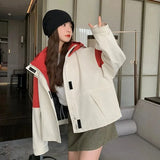 Vintage Patchwork Cargo Jacket Women Loose Preppy Style Long Sleeve Sweet Coat Casual Fall Female Retro All Match New Tops