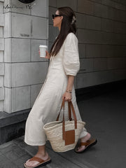 Elegant Beige Women Linen Dress Puff Sleeve Long Backless Button Dress Ladies V-Neck Cotton Dress Soft Fashion