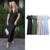 V-neck Flare Sleeve Party Dress Simple All-match Solid Color Satin Long Dress New High Waist Fashion Chic Femme Vestidos