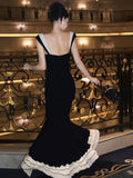New Summer Ruffle Patchwork Long Dress Sleeveless Square Collar Black Sexy Party Women Dress Bow Chic Fashion Fishtail Vestidos