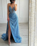 Pbong  Light Blue Vestidos Noche Heart Neck Mermaid Glitter Prom Dresses Elegant Floor-Length Side Formal Evening  Spar formal dress