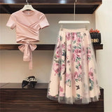 Pbong  Cute Fresh Chiffon Skirt Short Sleeve Bowknot Tops Floral Mid-length High Waist Slim 2-Piece Suit Shirt Elegant