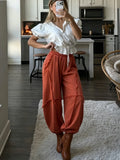 Pbong  Raw Edge Patchwork Harem Pants Elastic High Waist Linen Fabric Wide Leg With Pockets Summer Fashion Retro Lady Pants