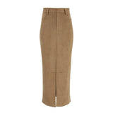 Pbong  New Autumn/Winter Vintage Suede Half Skirt for Women Elegant Commuting Brown Slit Straight Suit Skirt High Waist Long Skirt