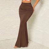 Pbong  New Autumn Solid Bodycon Ruched Long Skirt Women Sexy Elastic Elegant High Waist Mermaid Maxi Skirts Streetwear