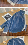 Fashion Lace Denim Shirt Women Clothing Autumn/Winter Retro Loose Casual Jackets Ruffled Collar Long Sleeve Blouses Women Tops
