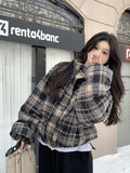 Winter Vintage Warm Plaid Parkas Women Thick Loose Long Sleeve Cute Cotton Coat Casual American Retro Stand Collar Y2K Tops