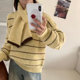 Women's Striped Sweater with Scarf Chunky Knit Loose-fit V-Neck Pullover Striped Jumper Ladies Autumn Winter Classic Chic Outfit