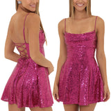 Pbong  Women's Sexy Shiny Sequined Summer Backless Bow Knot Tie-up Hollowed A-Line Mini Party Dress Beach Club Streetwear