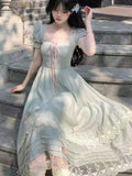 Women Gentle Style Vintage Dress Sweet Bow Short Sleeve Dress French Lace Splice Korean Popular Chic Long Dress New Summer 2025