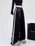 Pbong  Lace Striped Sweatpants Women Retro Streetwear Loose Y2K Wide Leg Pants High Waist Casual Patchwork Bf Lace Up Trousers New