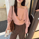 Pbong  Gentle One-Shoulder Lantern Sleeve Knitted Sweater Loose Fit Autumn Winter Fashion Single Wear Inner Match Versatile Shoulder