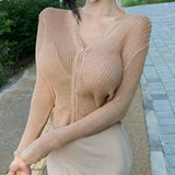 Pbong  Spring Thin Knit Sweater Slightly Transparent Mysterious Buttons Cardigan V-neck Sexy Sun Protection Shirts Korean Slim Elegant