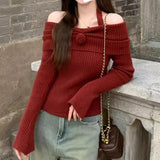Autumn Winter American Halter Draped Flower Design Sweaters Y2k Korean Simple All Match Slim Pullovers Off The Shoulder Clothes