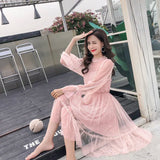 New Arrivals Summer Women Lace Dress Sequined Appliques A-line Mesh Patchwork Solid Dress Fairy Long Sleeves Knee-length Dress