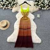 Women Dress New Europe Fashion Multicolor Spaghetti Straps Knitted Party Dress Vacation Style Lady Beach Vestidos