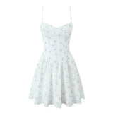 Pbong  Summer Women Fashion Fishbone Slim Floral Print Sling Dress Sexy Low Waist A-line Mini Holiday Party Dress Lace Up Robe