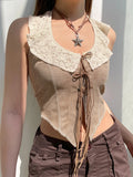Vintage Bandage Pu Leather Corset Tops Slim Patchwork Lace Halter Sleeveless Crop Tops Women 2025 Spring Summer Fashion