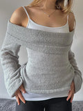 Women's Y2K Cute Off Shoulder Sweaters Chest Folding Slash Neck Flare Long Sleeve Slim Fit Knitted See-through Tops