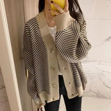 Women's Sweater Button Down V-Neck Striped Cardigan Knitted Tops Single Breasted Autumn Winter Casual Chic Knitwear Outfit