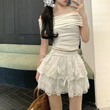 Coquette White Lace Short Skirt Ruffle Women Sweet Bow Kawaii Mini Skirts Patchwork Layered A-line Aesthetics Skirt