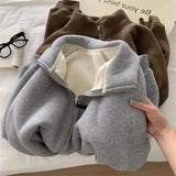 Pbong  Thickened Lamb Velvet Sweatshirt Jacket Zipper Collar Warm Casual Autumn Winter Korean Style Commute Versatile Women's Clothing